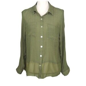 Elementz Top Women's Petites size Large Button Down Olive Green MSRP $40 NEW